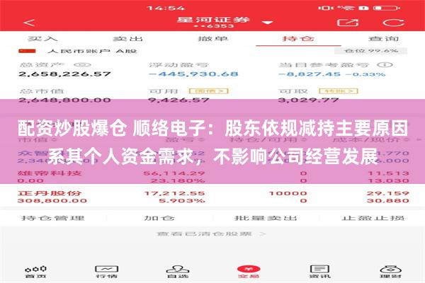 配资炒股爆仓 顺络电子：股东依规减持主要原因系其个人资金需求，不影响公司经营发展